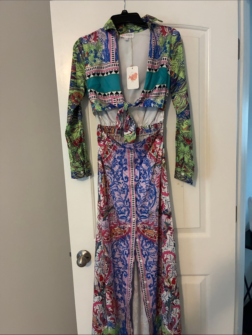 Ecote Multicolor Long-Sleeve Tie-Front Maxi Dress